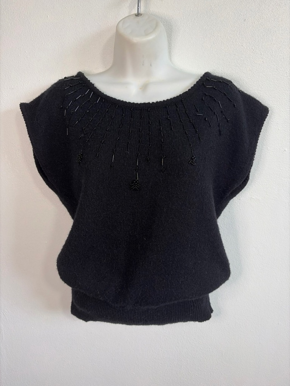 Vintage TOI Black Beaded Fringe Sweater Top Size S Boxy Dolman Sleeve Boat Neck